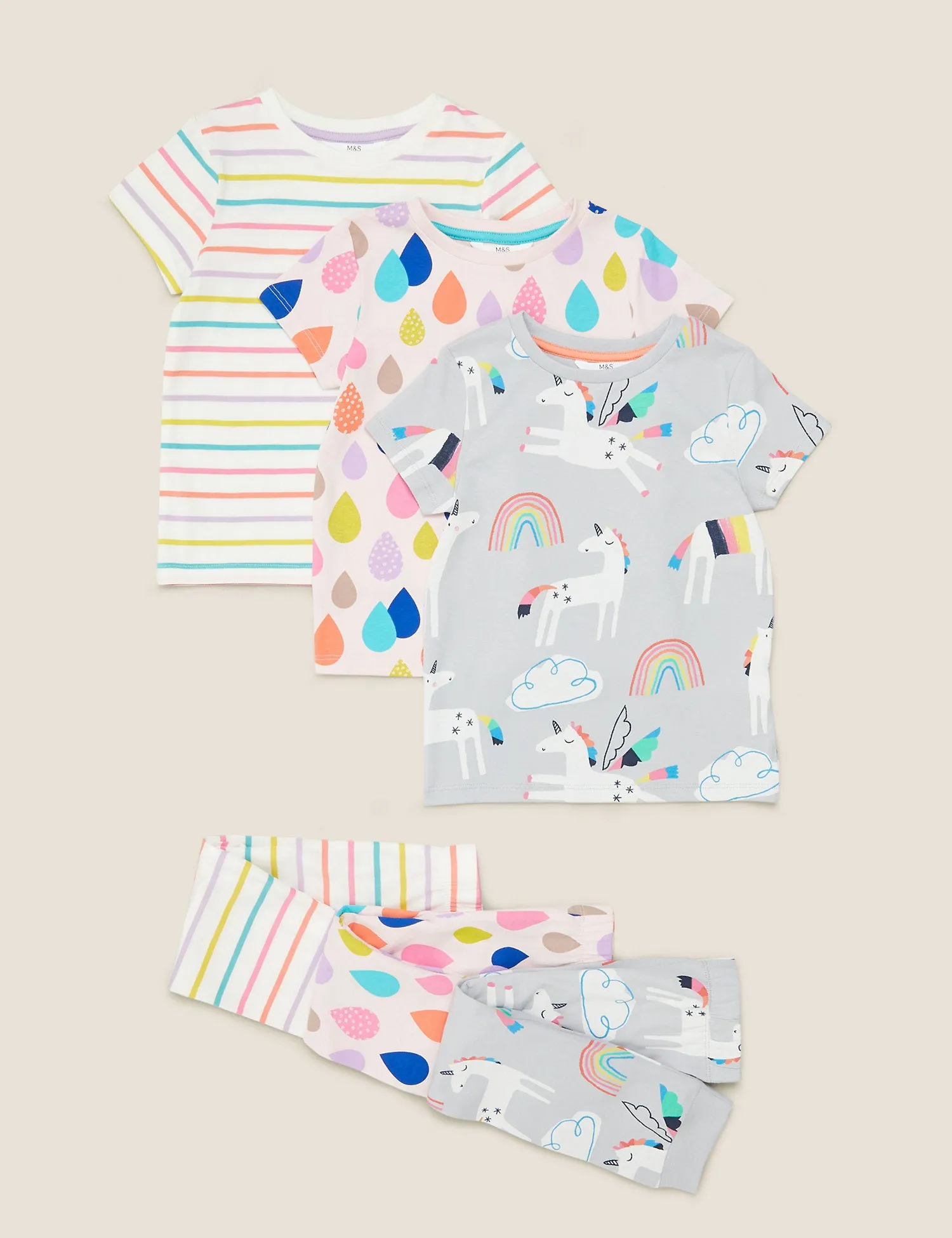 3pk Pure Cotton Unicorn Pyjama Sets
