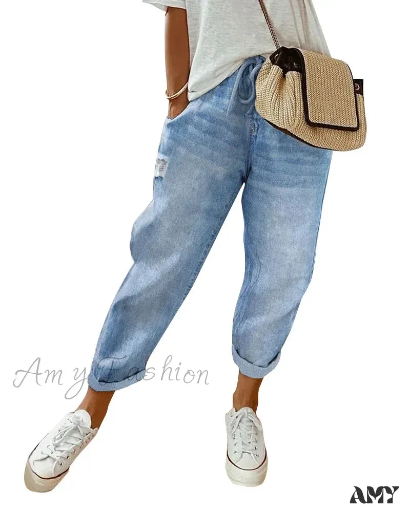 Amy Fashion - 2024 Fashion Women Drawstring Loose Causal Pocket Daily Vintage Streetwear Long Jean