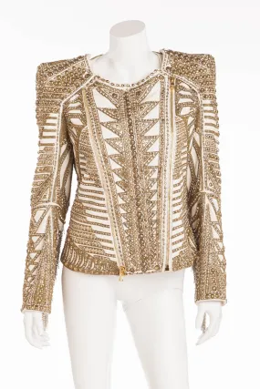 Balmain - Editorial Unique New With Tags White Leather Jacket with Gold Embellishments and Rhinestone Fringe - FR 42