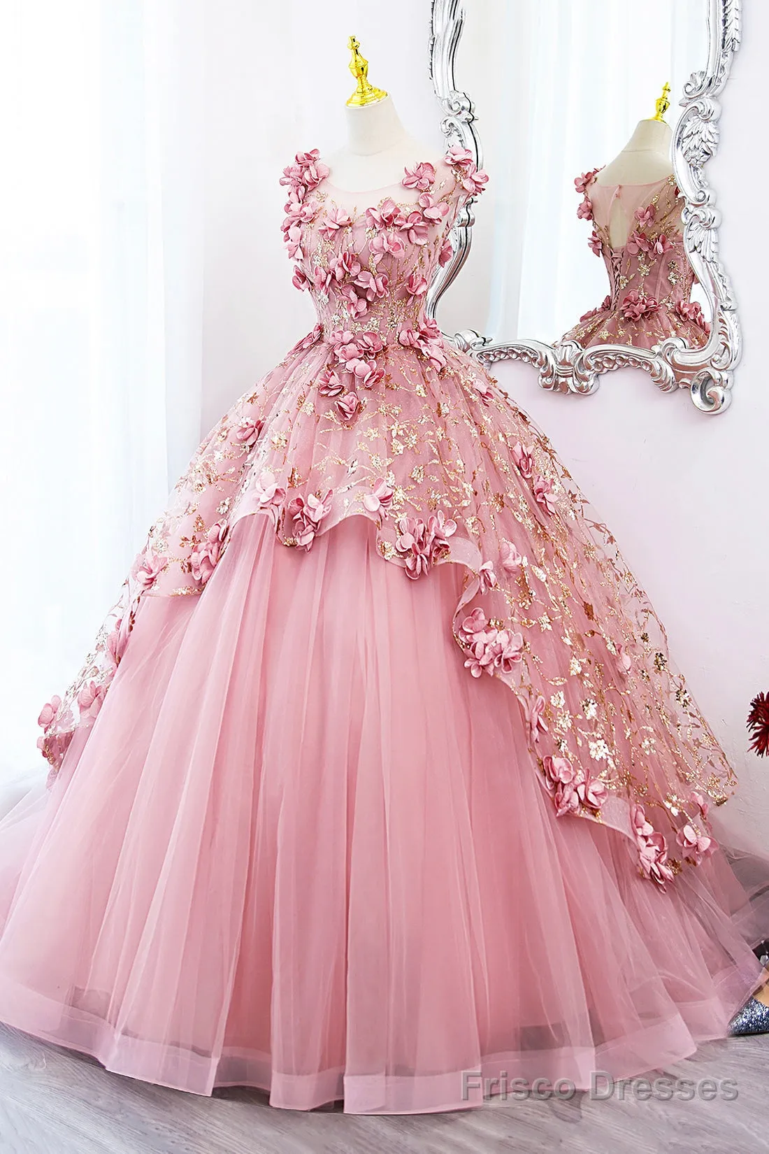 Beautiful Pink Tulle Long Prom Dress With Flowers, Lovely Tulle Sweet 16 Dress