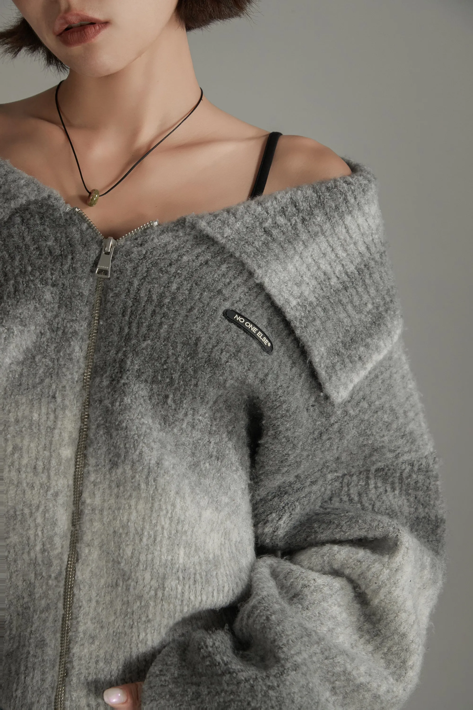 Big Collar Off The Shoulder Zip-Up Cardigan