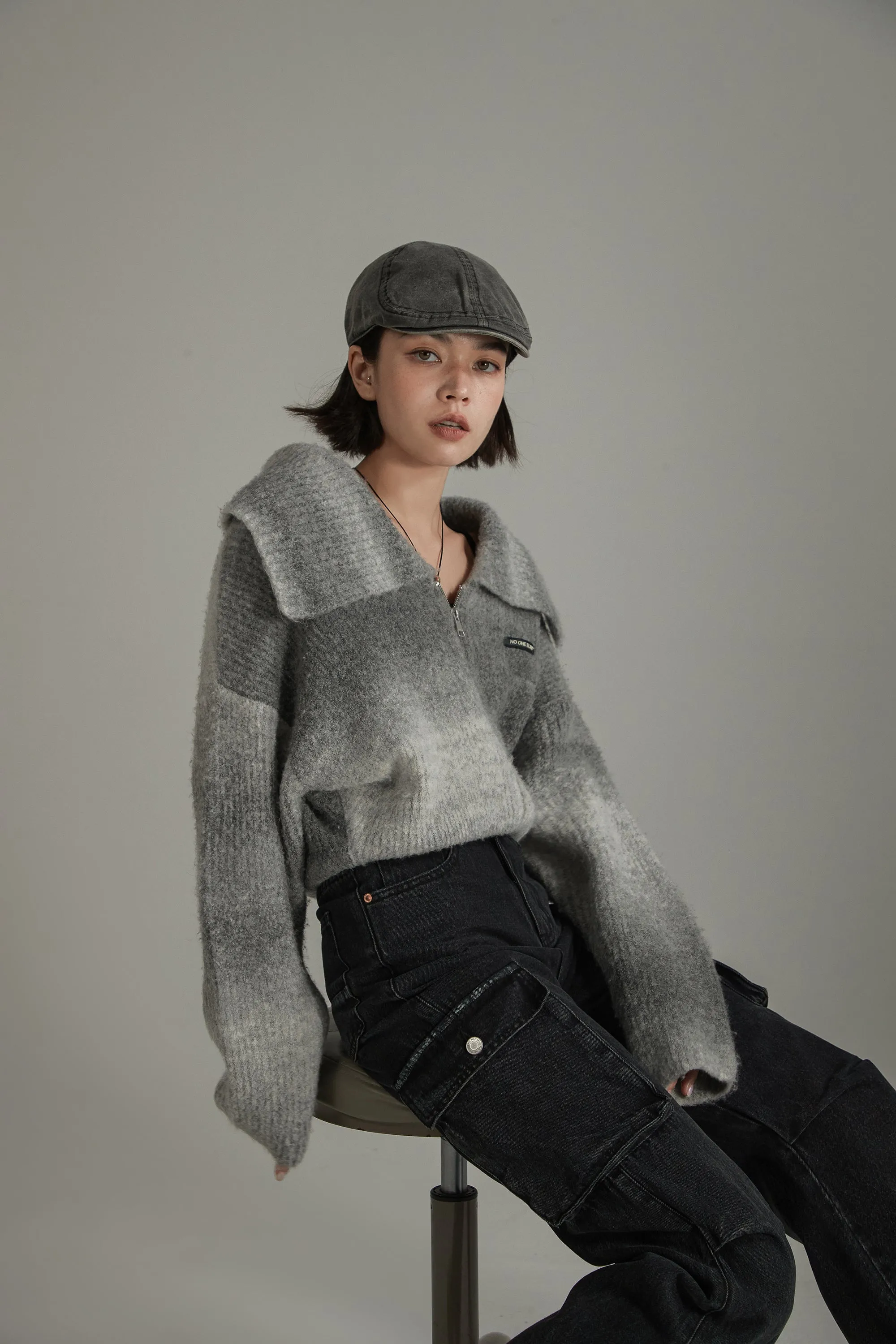 Big Collar Off The Shoulder Zip-Up Cardigan