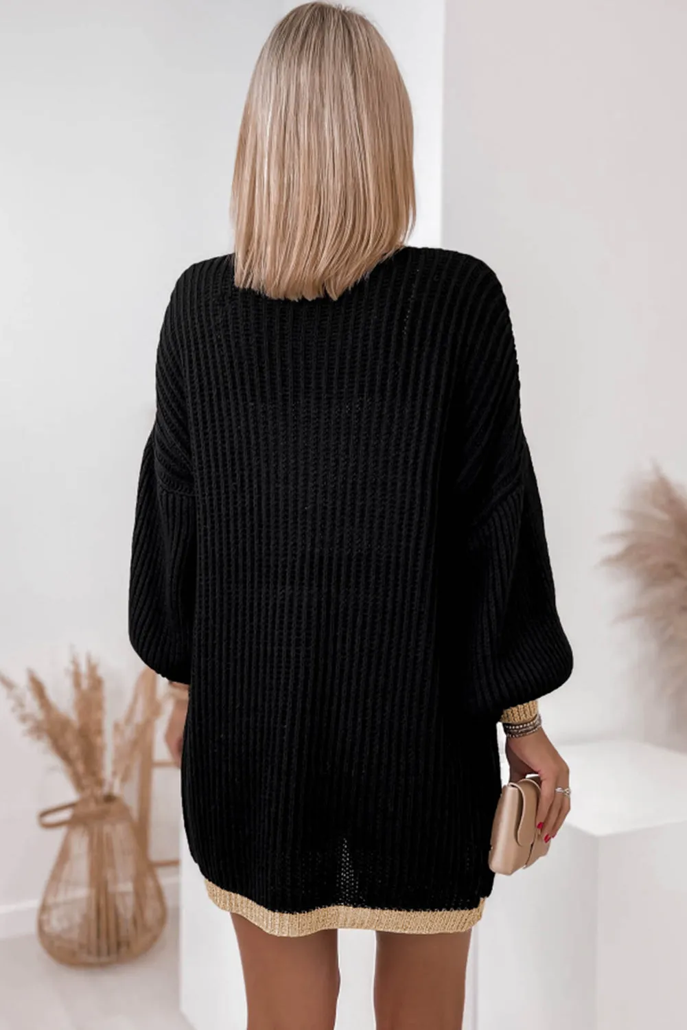 Black Contrast Trim Open Front Cardigan Top