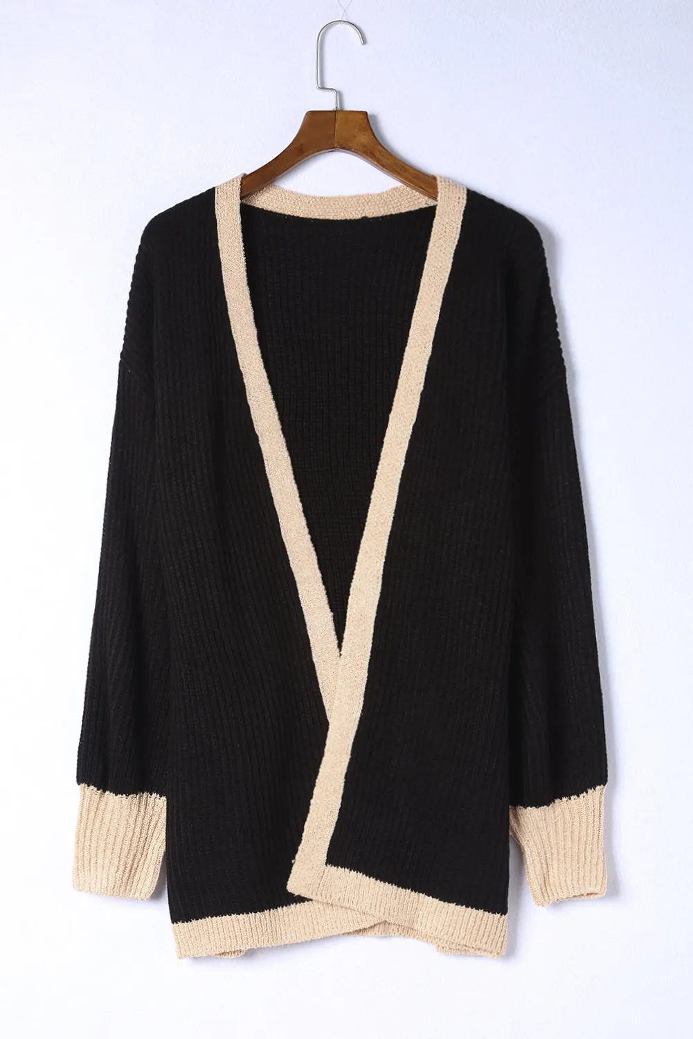 Black Contrast Trim Open Front Cardigan Top