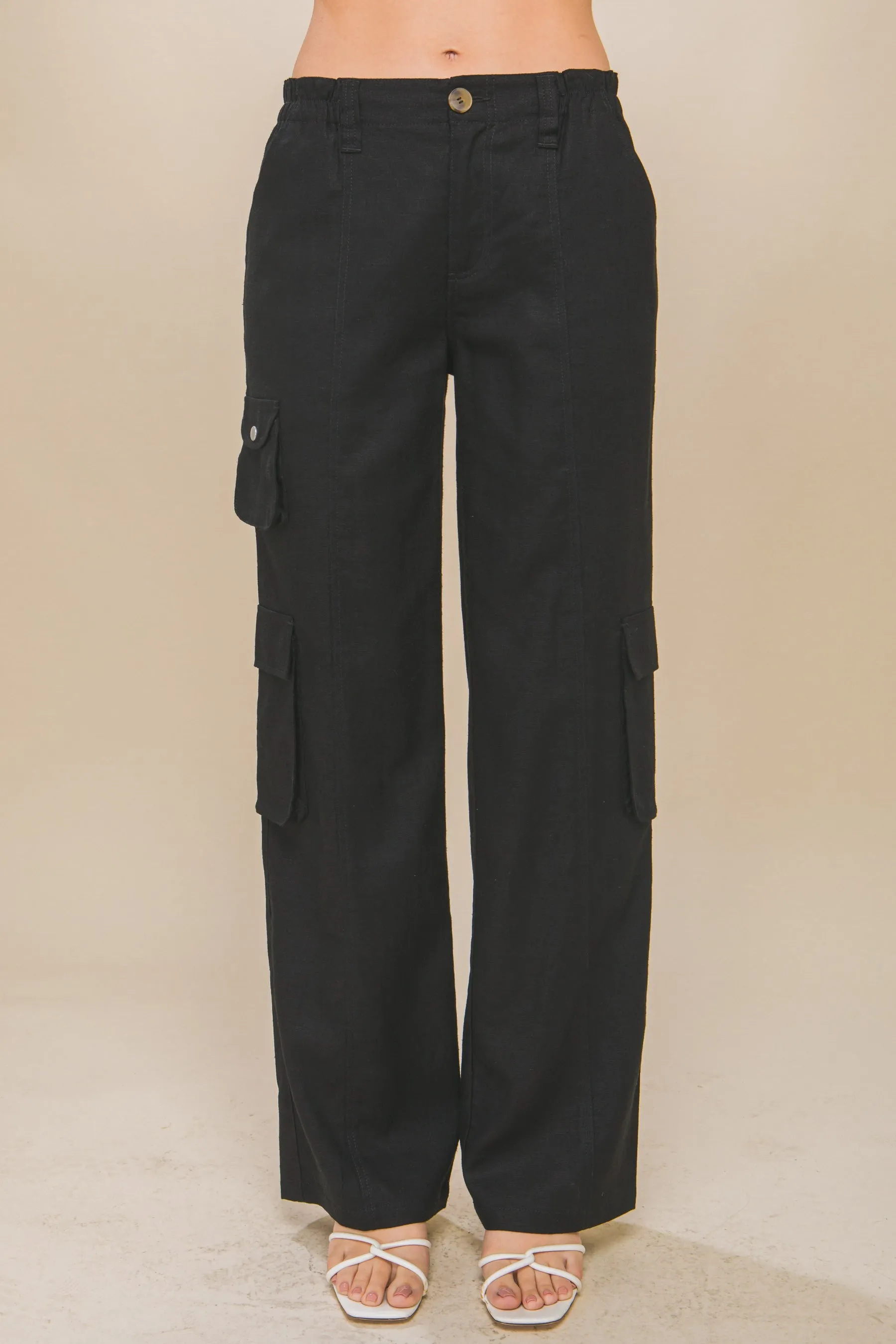 Black Linen Parachute Pants With Side Pockets
