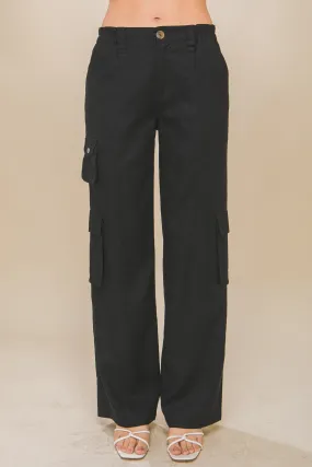 Black Linen Parachute Pants With Side Pockets