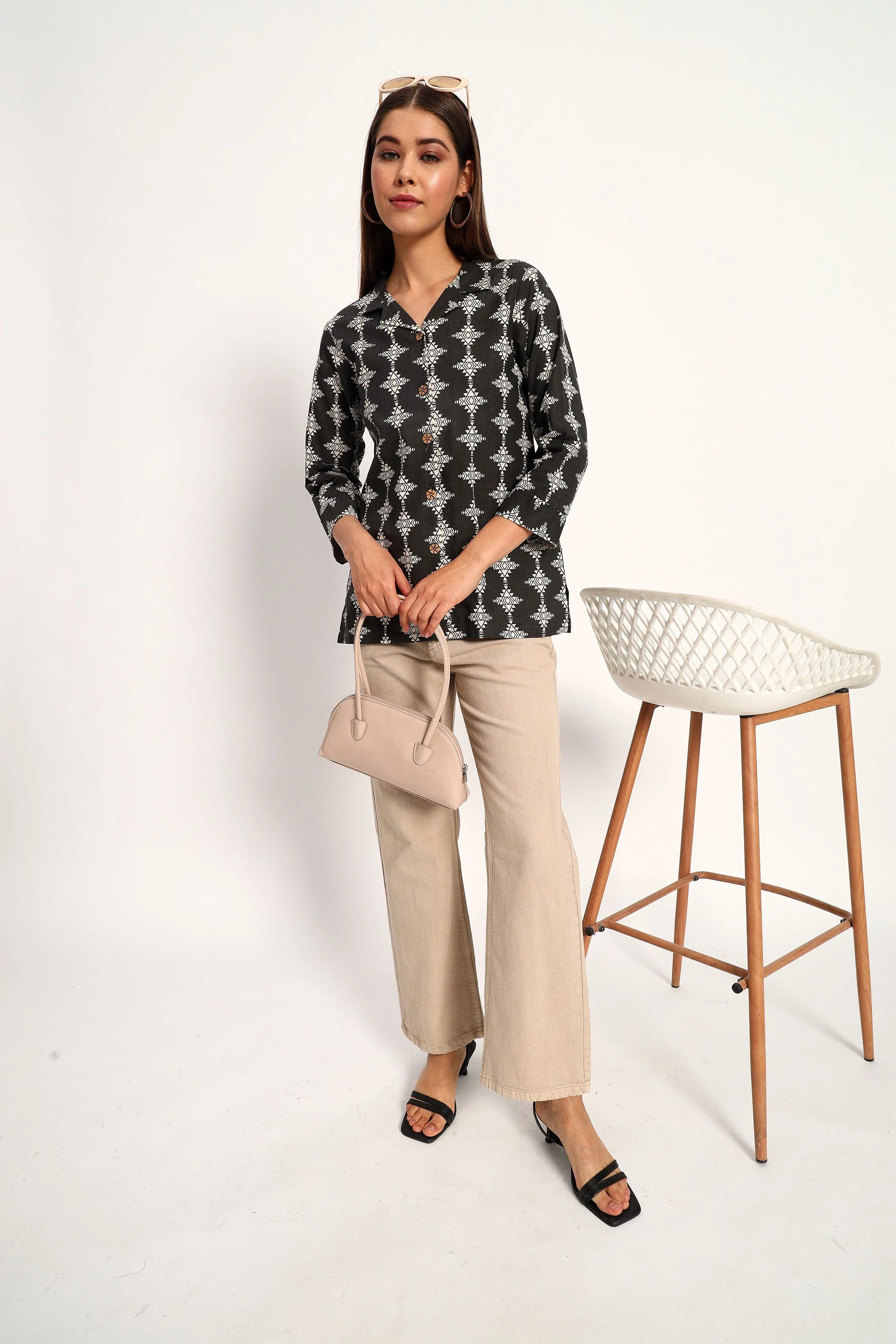 Black Tribal Print Lapel Collar Shirt