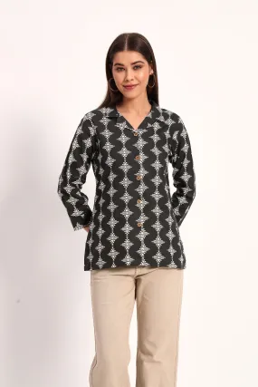 Black Tribal Print Lapel Collar Shirt