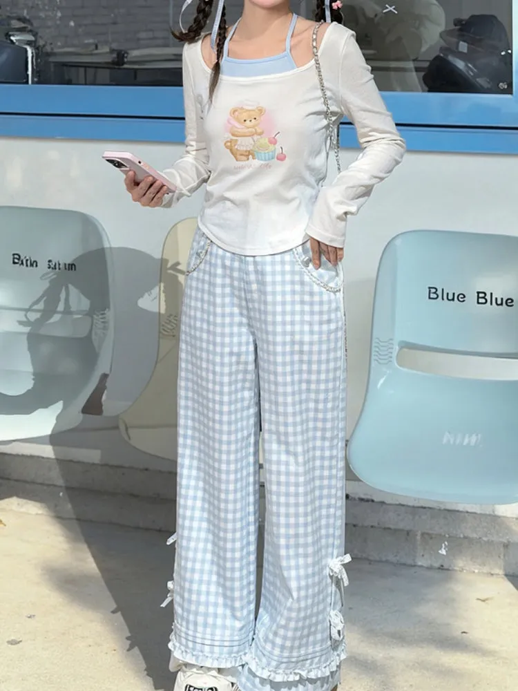 Blue Checkered Casual Pants