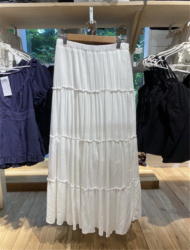 Boho Women's Ruffle Tiered Pull-On High Waisted Flare Midi Skirt
