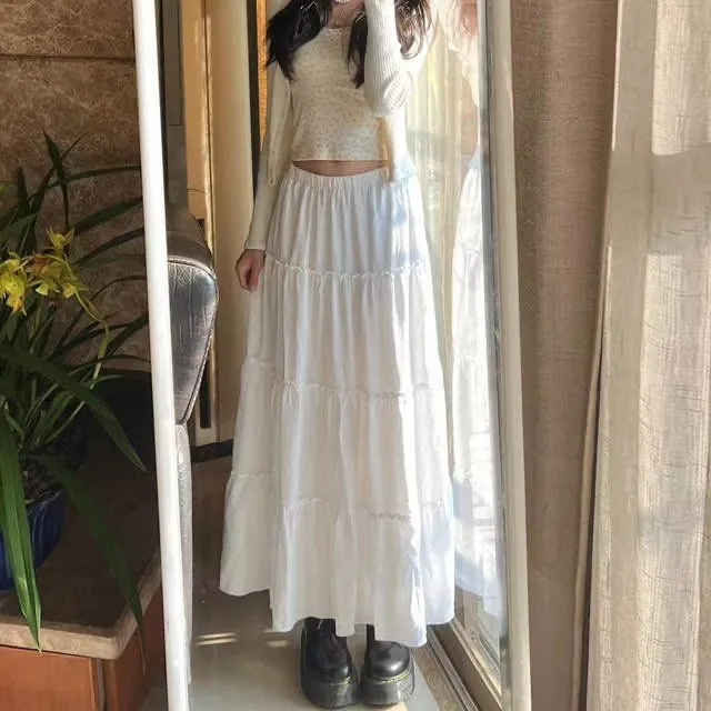 Boho Women's Ruffle Tiered Pull-On High Waisted Flare Midi Skirt