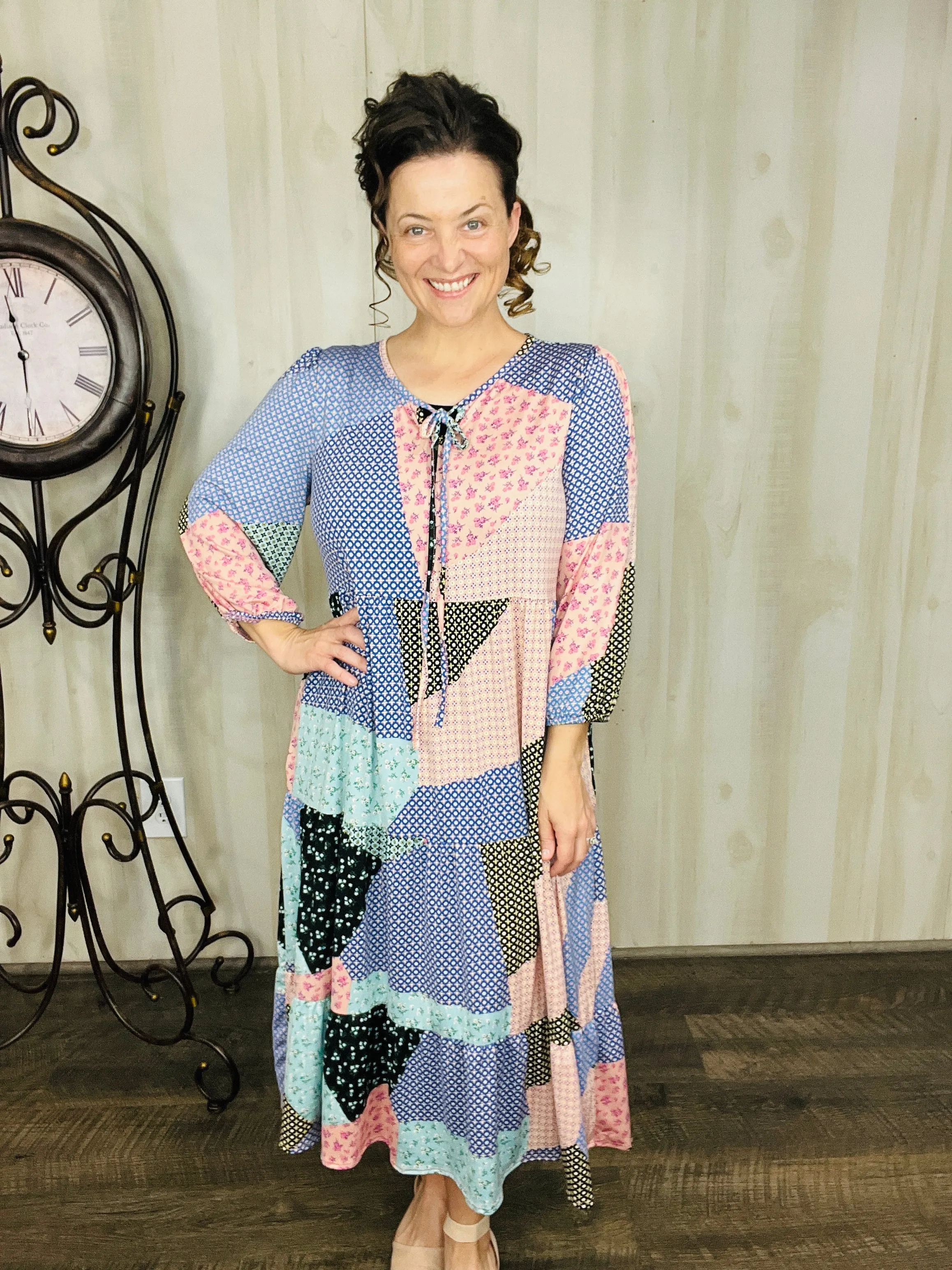 Cassie Marie Tiered Boho Style Dress-Mauve & Blue Patchwork