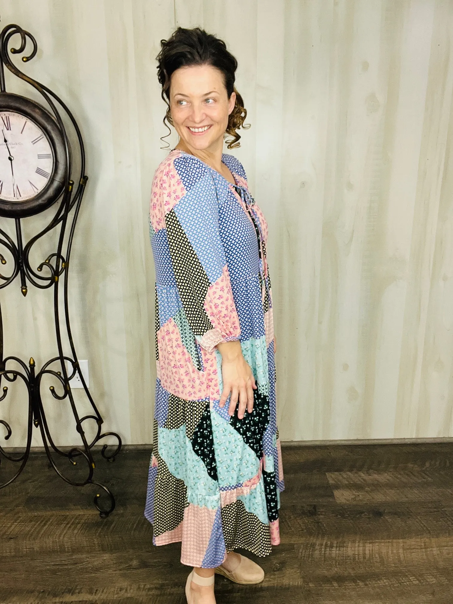 Cassie Marie Tiered Boho Style Dress-Mauve & Blue Patchwork