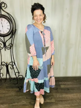 Cassie Marie Tiered Boho Style Dress-Mauve & Blue Patchwork