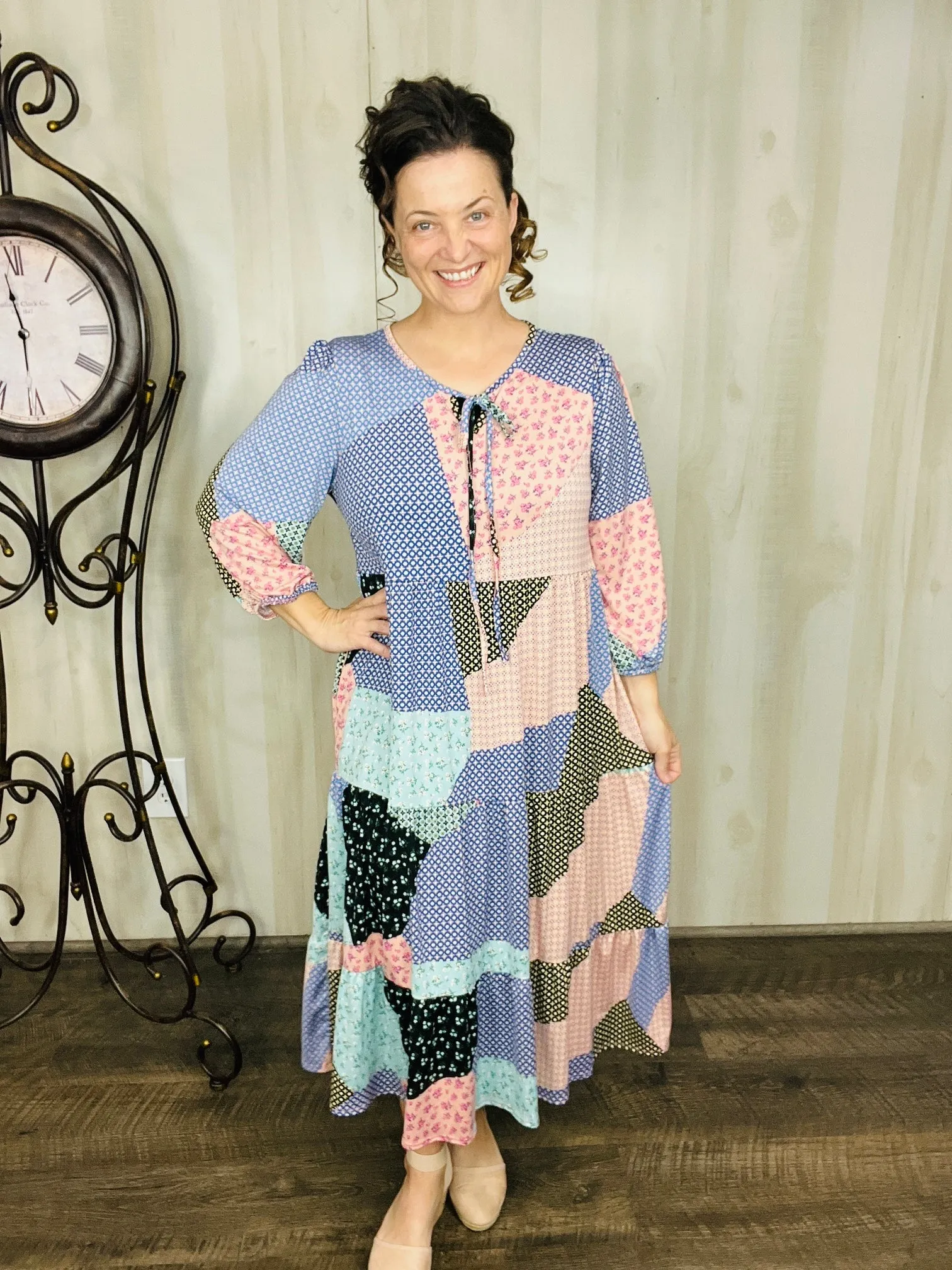 Cassie Marie Tiered Boho Style Dress-Mauve & Blue Patchwork