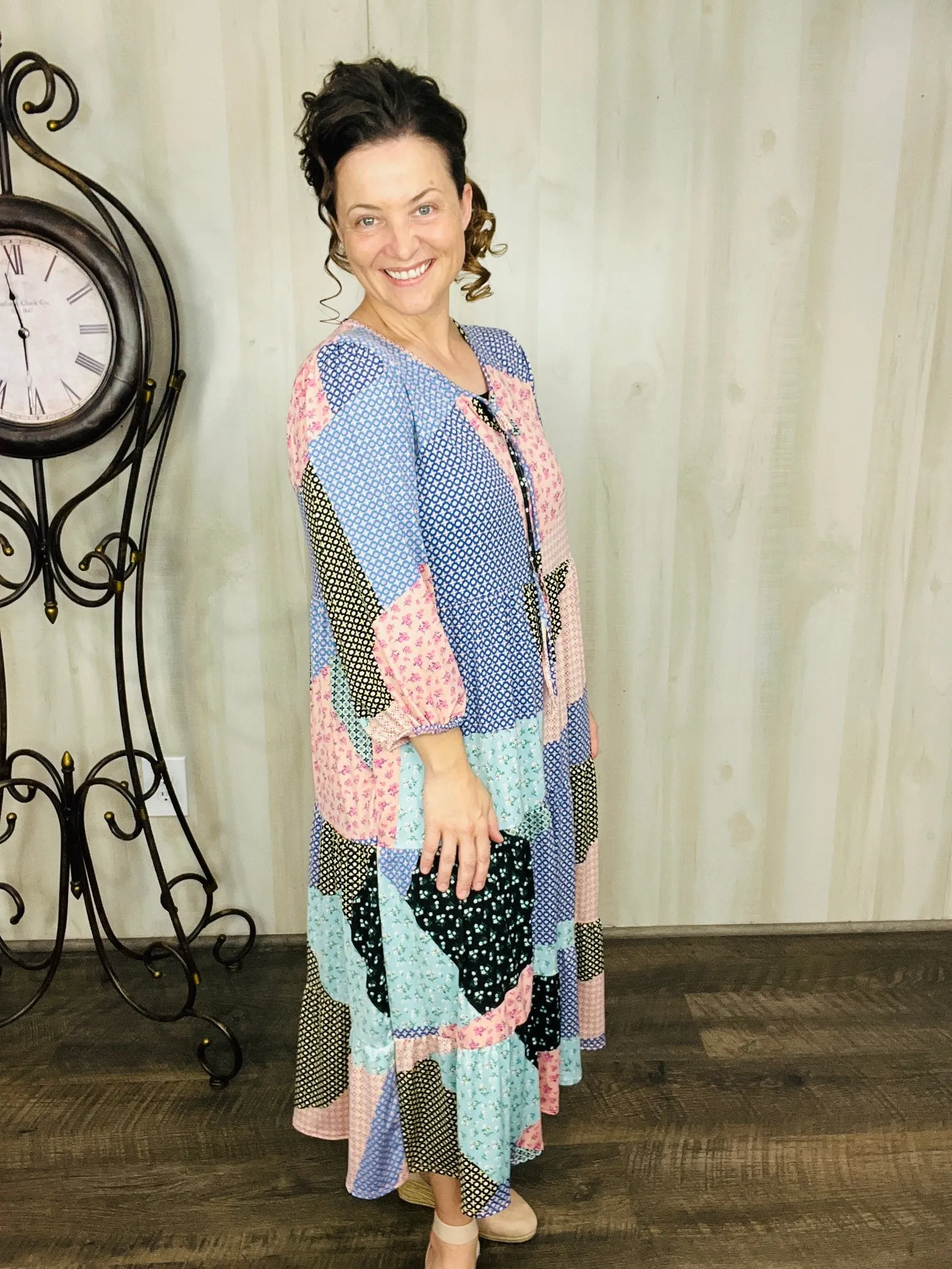 Cassie Marie Tiered Boho Style Dress-Mauve & Blue Patchwork