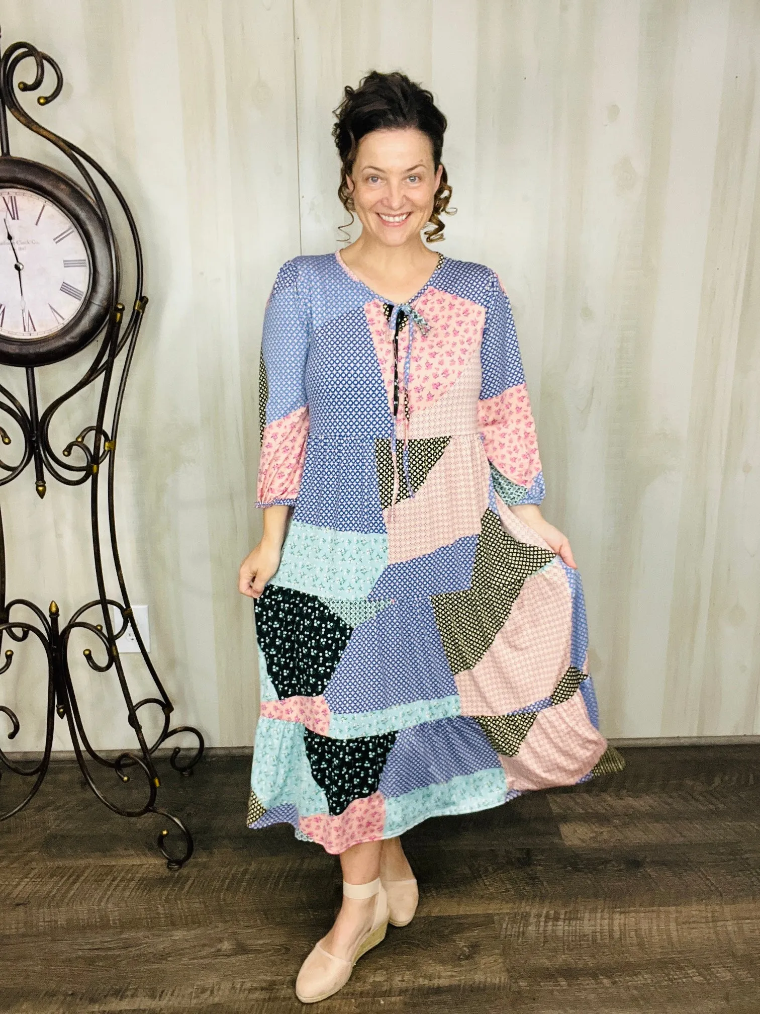 Cassie Marie Tiered Boho Style Dress-Mauve & Blue Patchwork