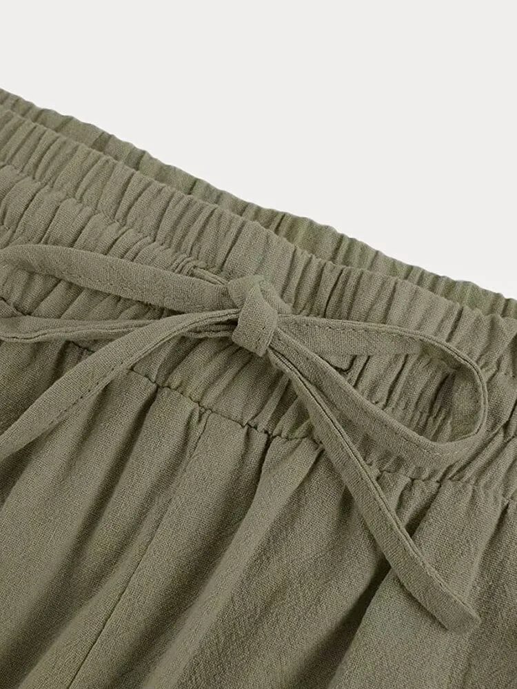 Casual Linen Style Elastic Waist Pants