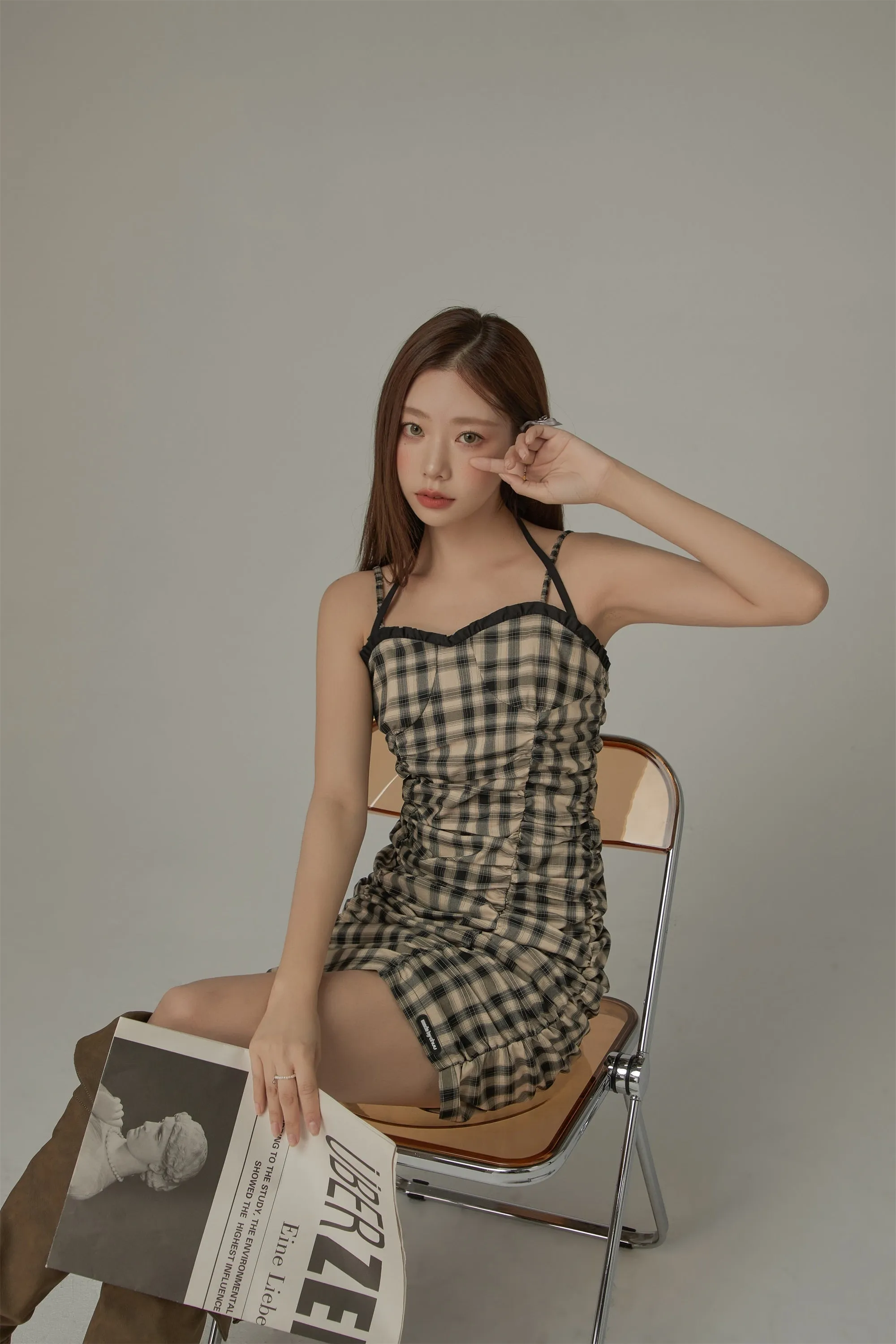 Check Sleeveless Halter Neck Shirring Dress