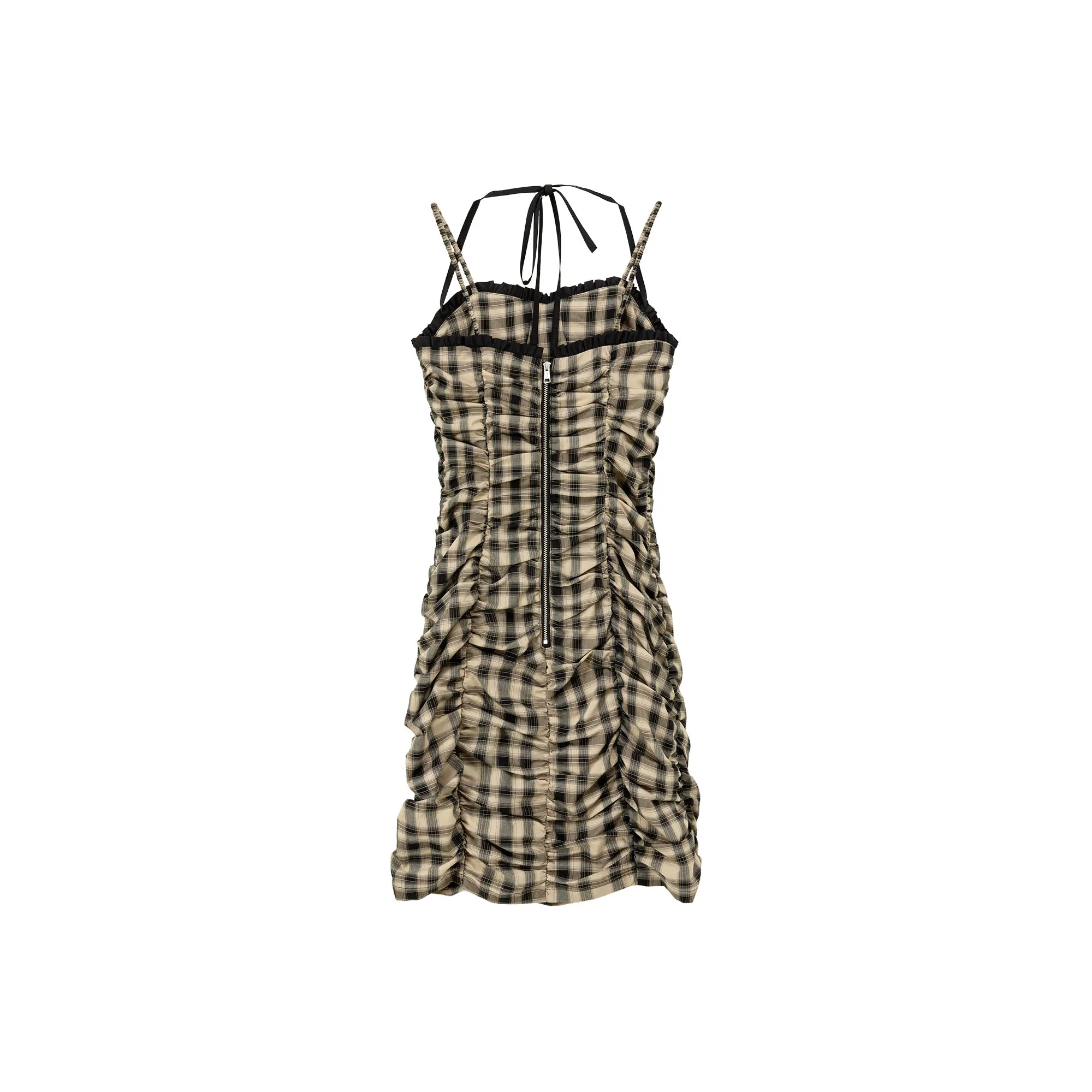 Check Sleeveless Halter Neck Shirring Dress
