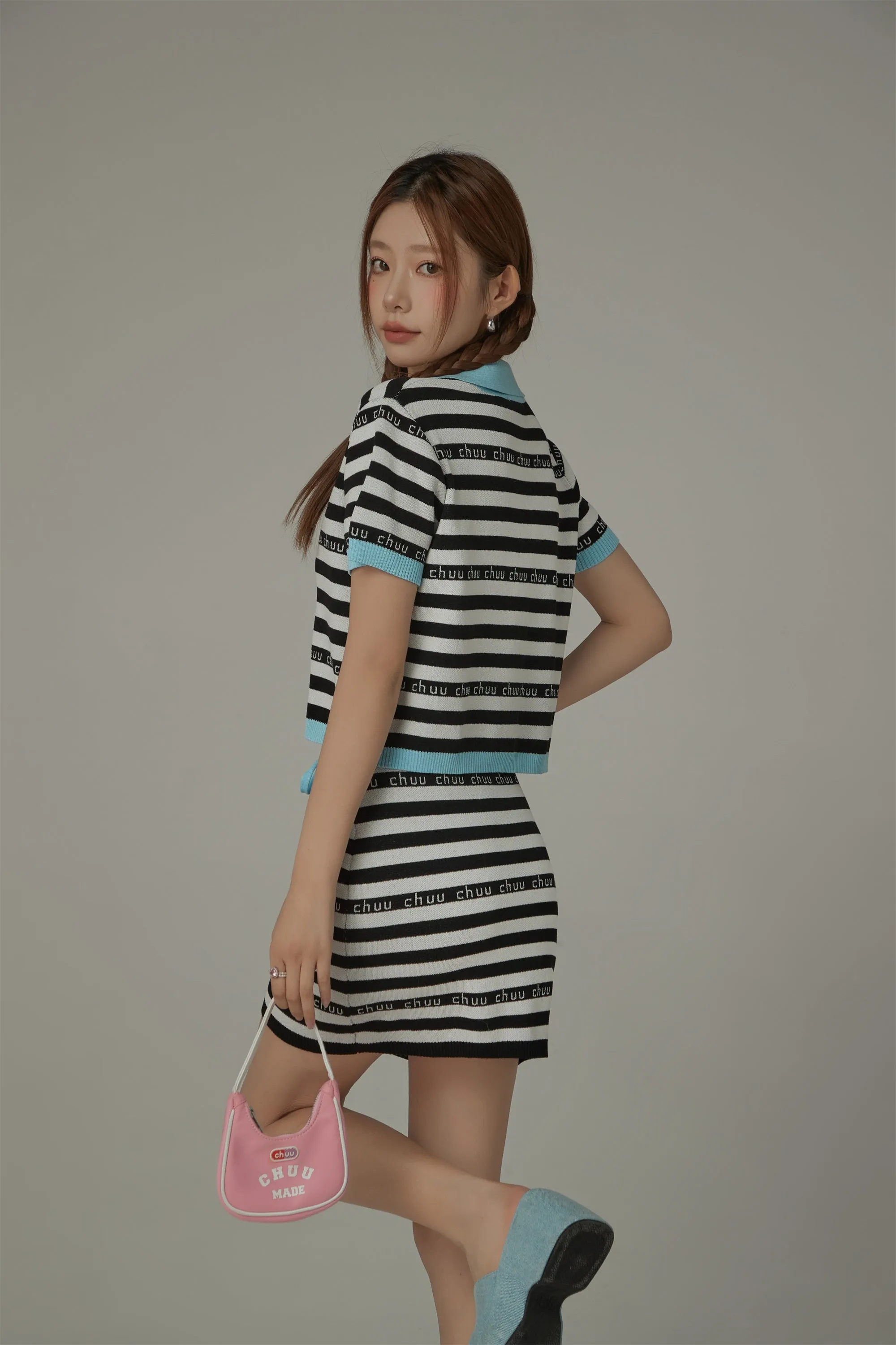 Color Banded String Chuu Lettering Striped Skirt
