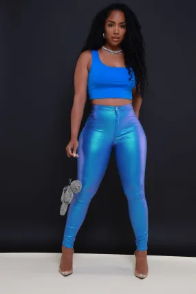 Coming In Hot High Rise Metallic Skinny Pants - Sky Blue