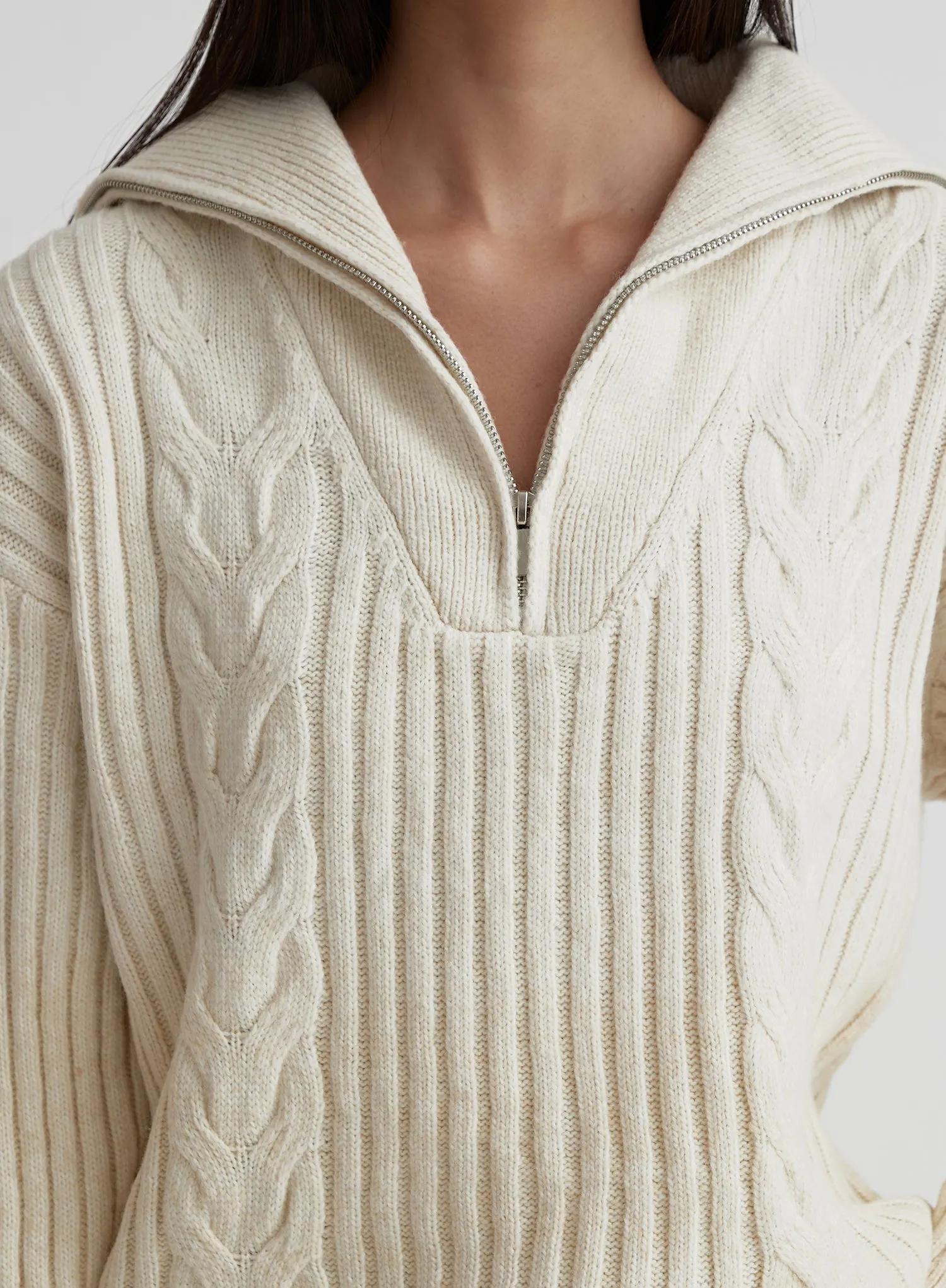 Cream Cable Knit Zip Front Longline Jumper- Rita