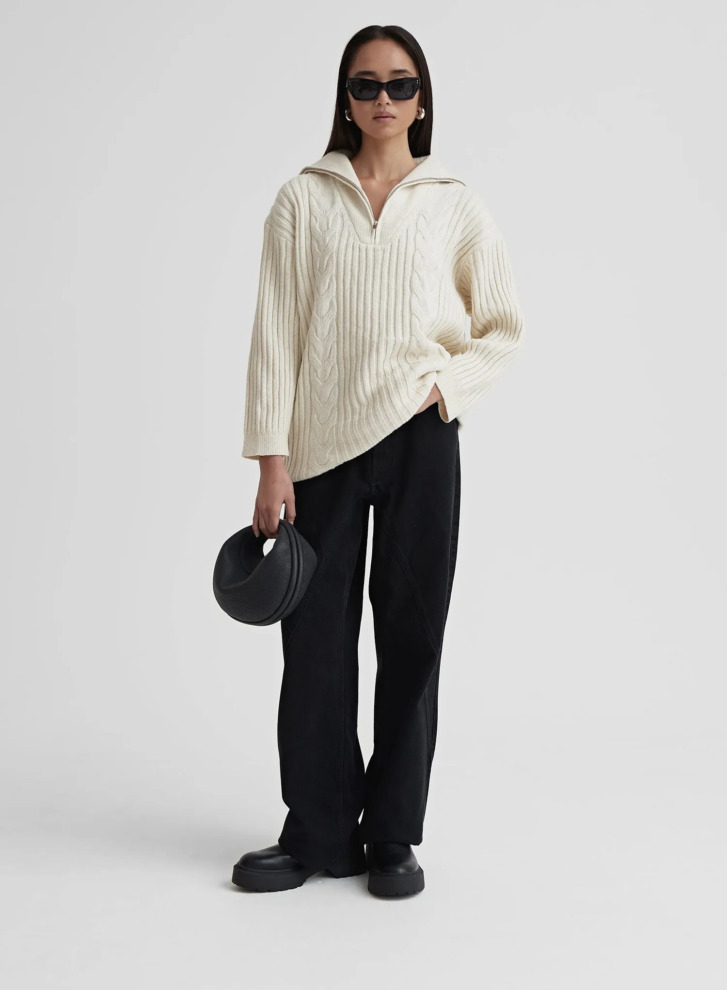 Cream Cable Knit Zip Front Longline Jumper- Rita