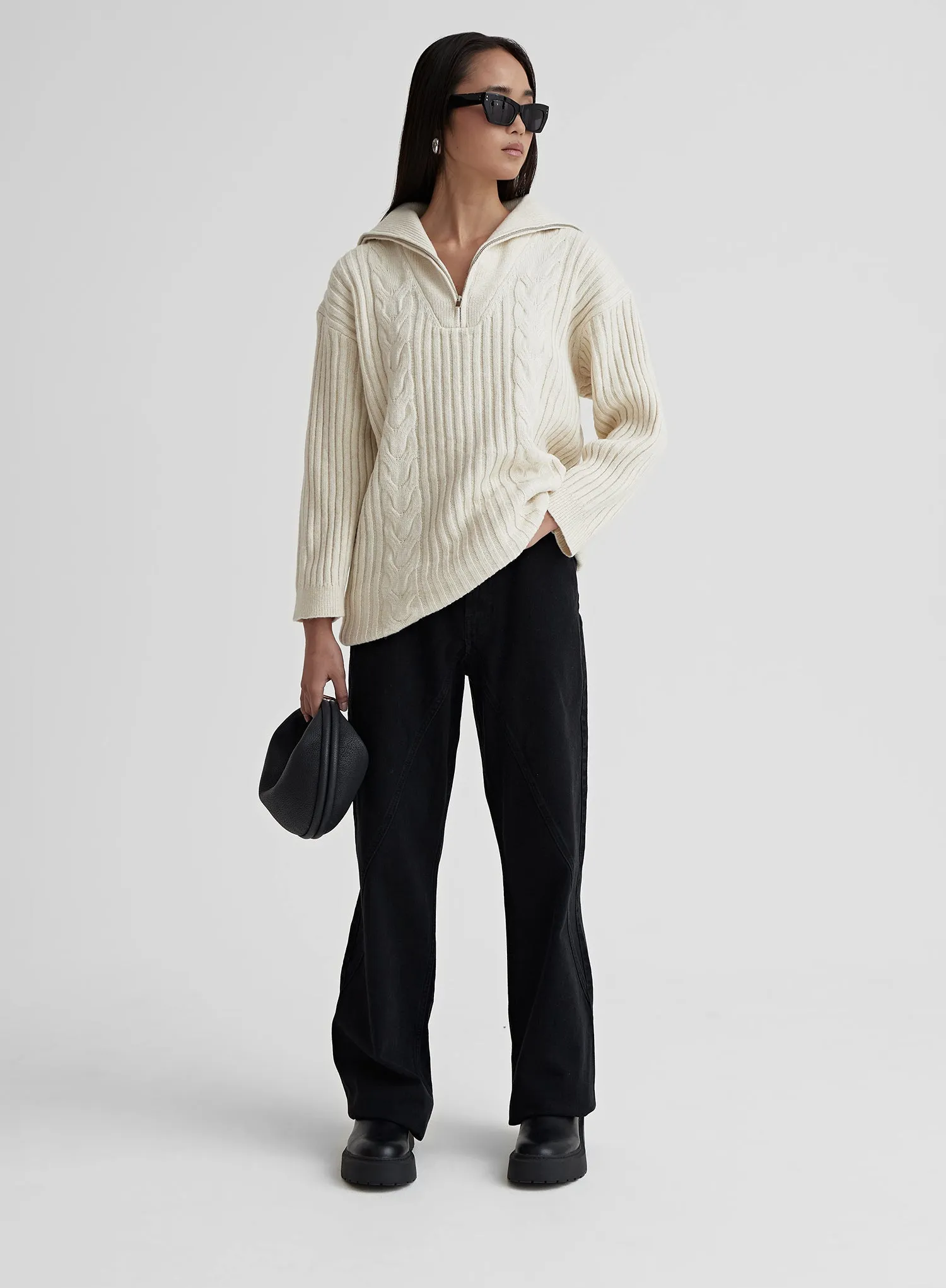 Cream Cable Knit Zip Front Longline Jumper- Rita