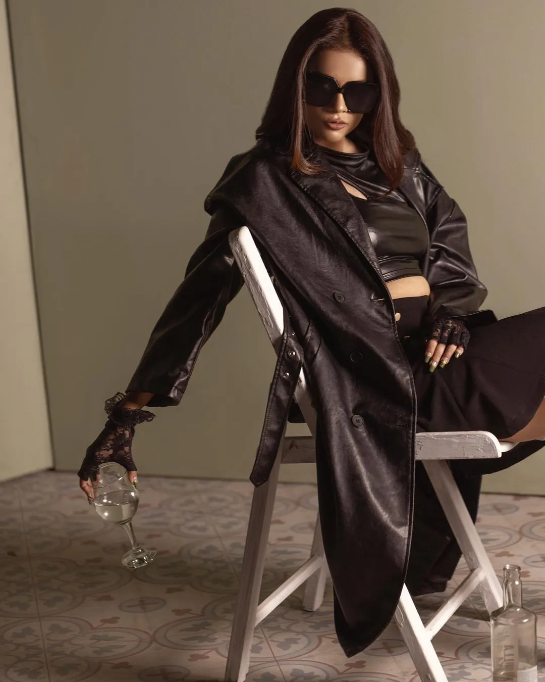 Drop Shoulder Double Breasted Belted PU Leather Jacket