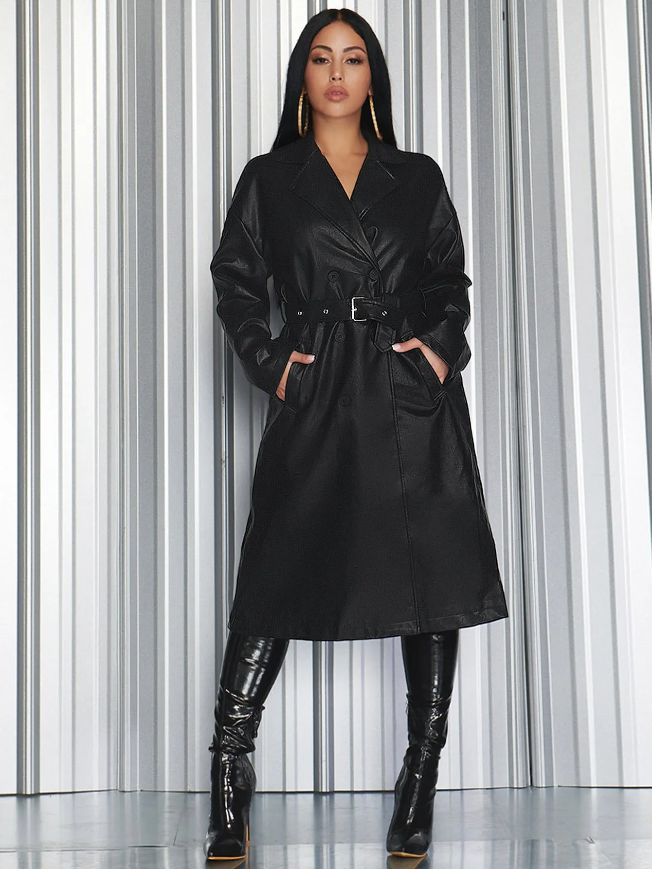 Drop Shoulder Double Breasted Belted PU Leather Jacket