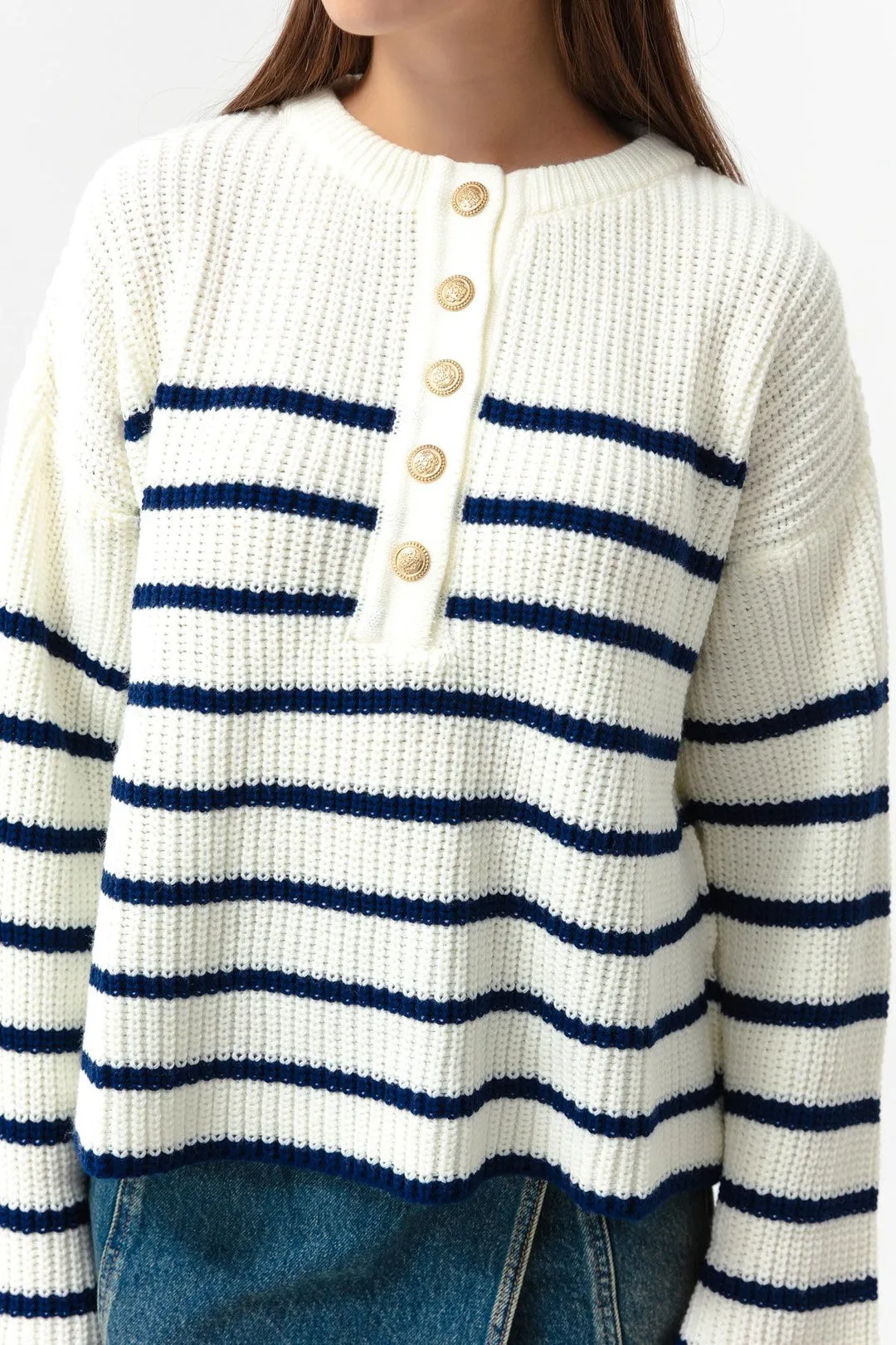 Female Striped Gold Button Detailed Knitwear Sweater