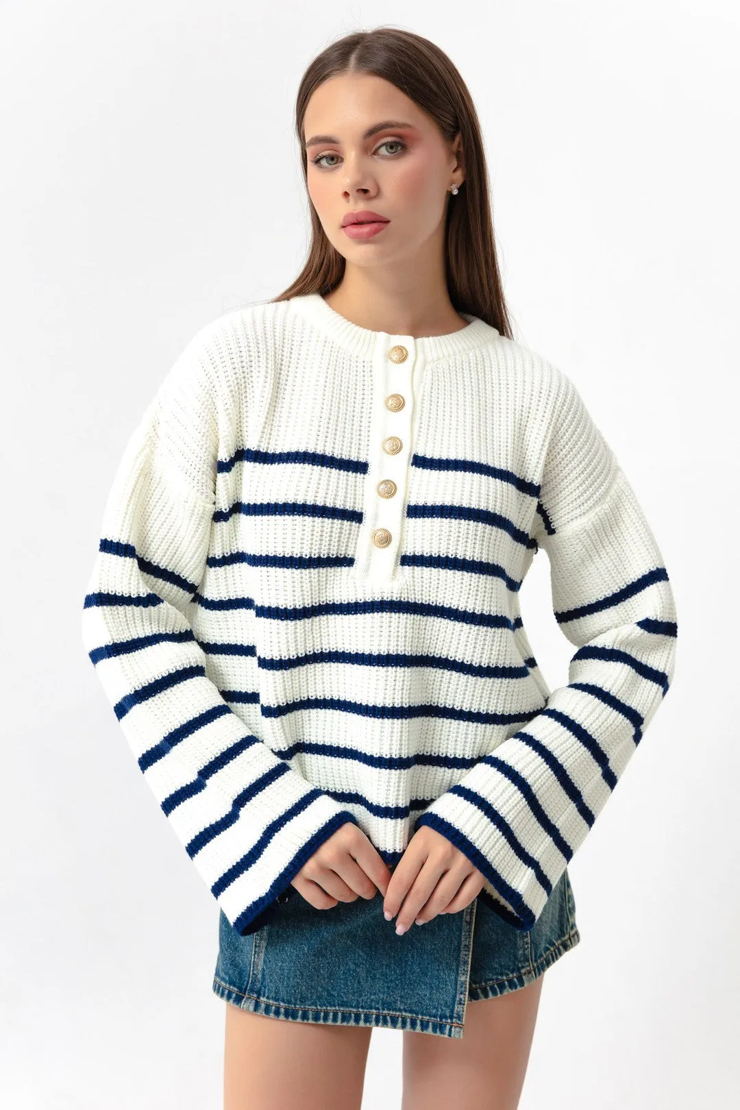 Female Striped Gold Button Detailed Knitwear Sweater