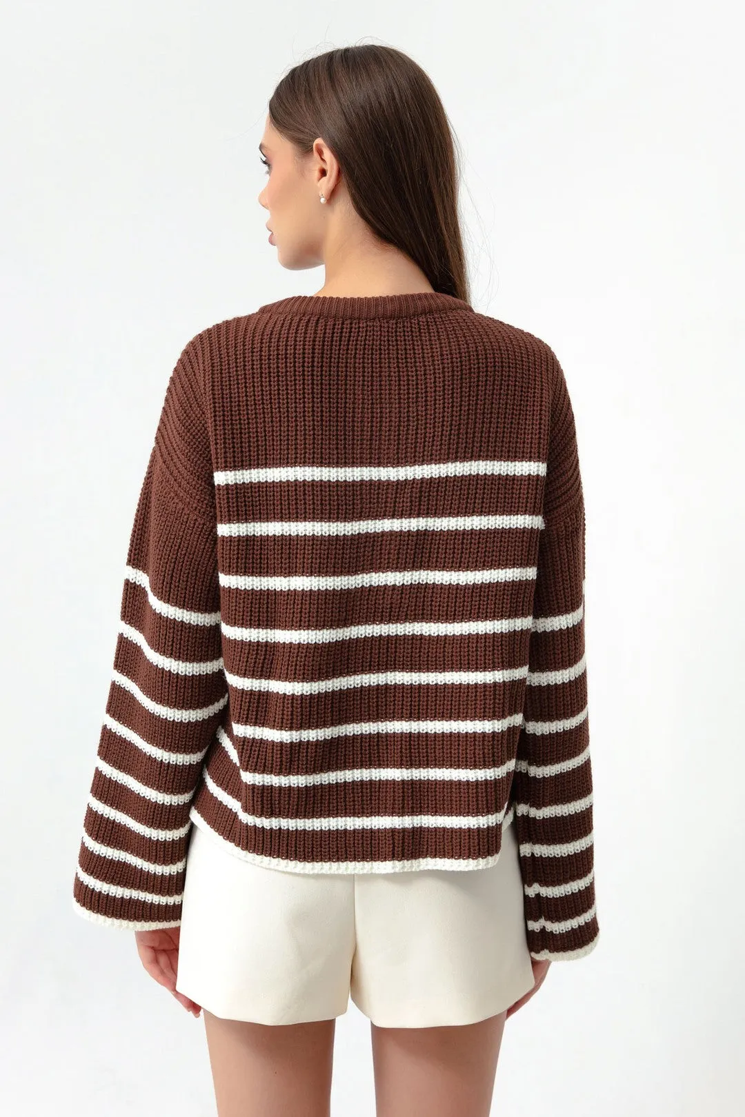 Female Striped Gold Button Detailed Knitwear Sweater