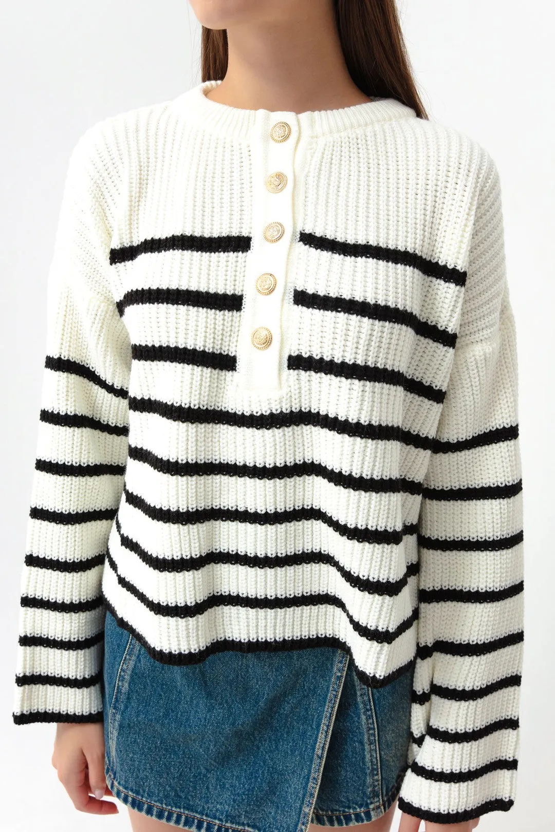 Female Striped Gold Button Detailed Knitwear Sweater