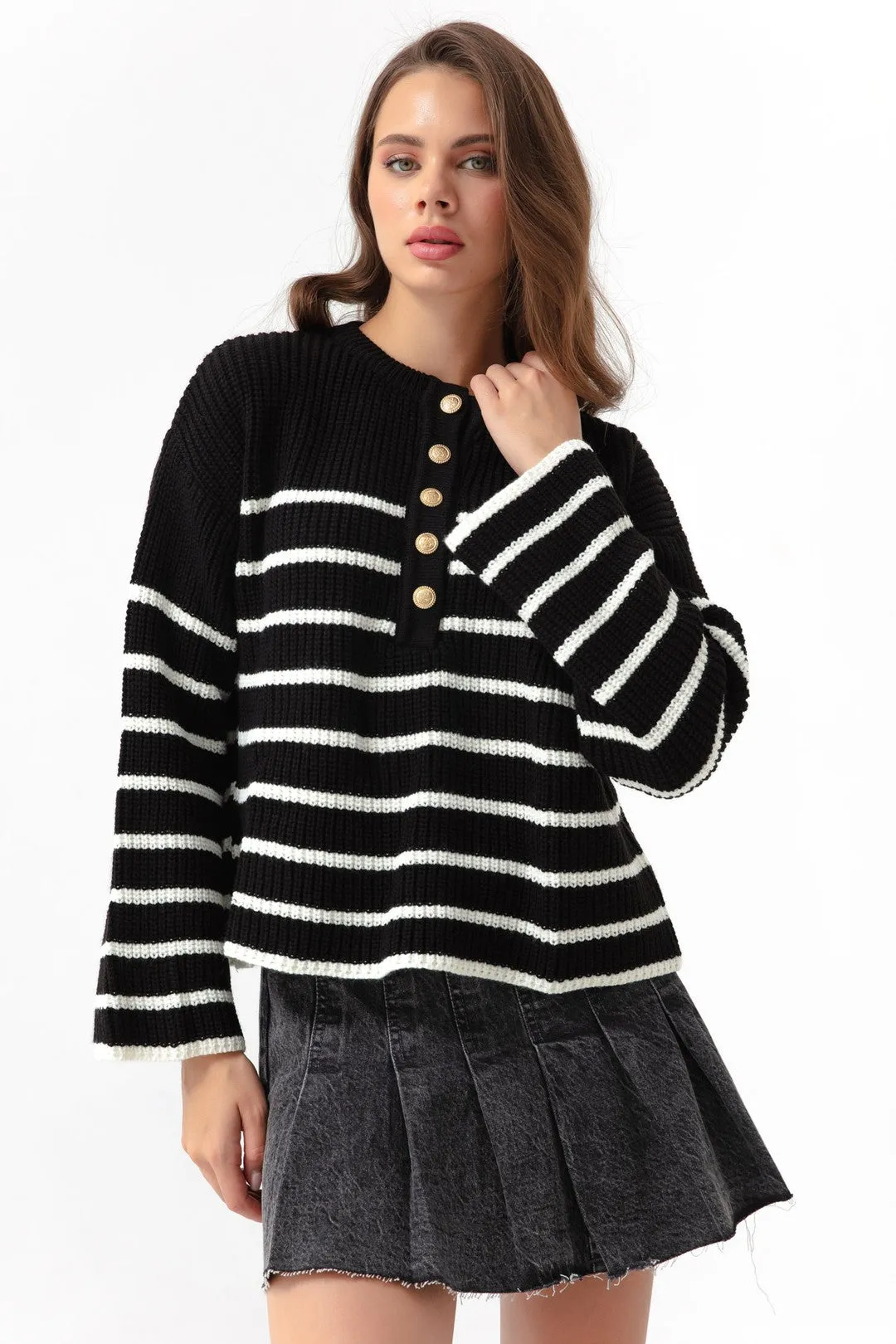 Female Striped Gold Button Detailed Knitwear Sweater