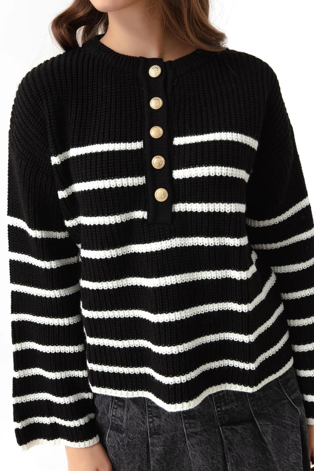 Female Striped Gold Button Detailed Knitwear Sweater