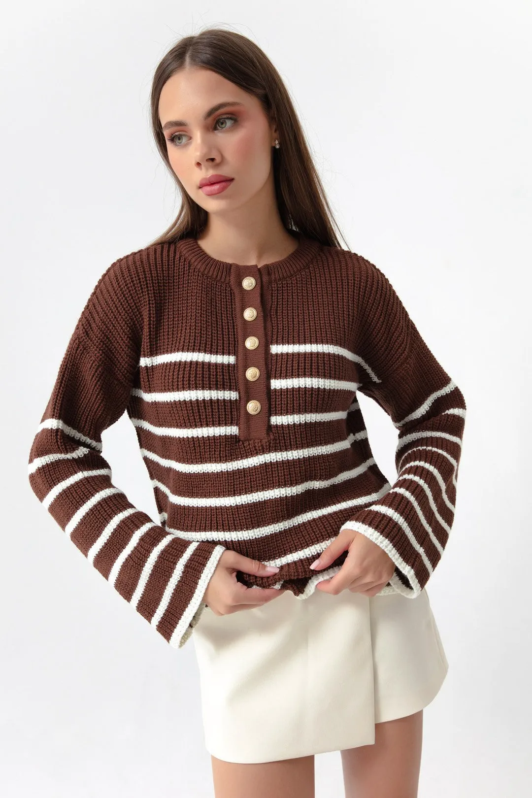 Female Striped Gold Button Detailed Knitwear Sweater