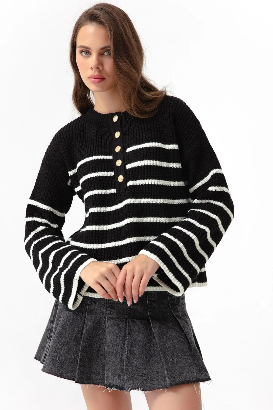 Female Striped Gold Button Detailed Knitwear Sweater