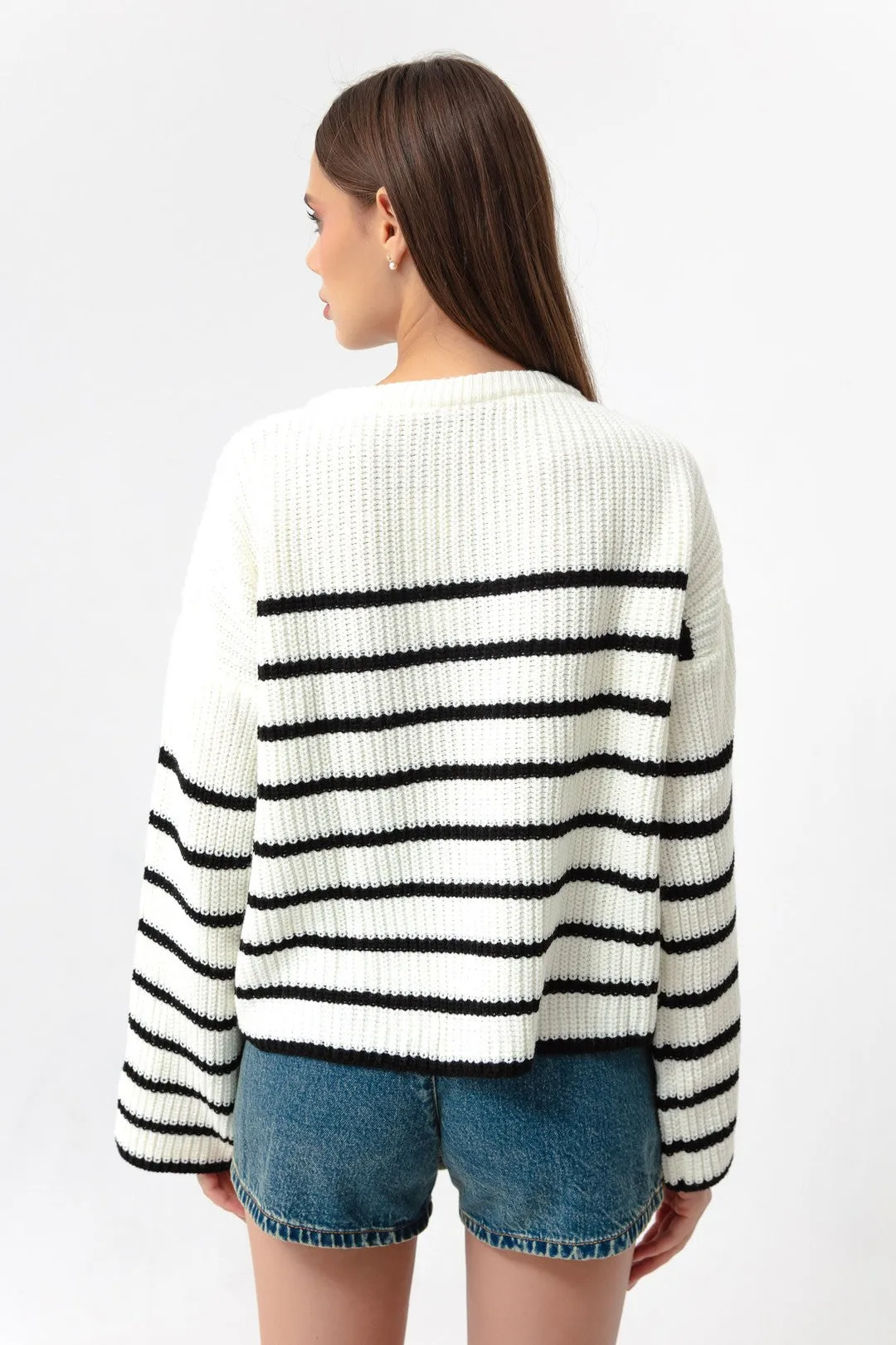 Female Striped Gold Button Detailed Knitwear Sweater