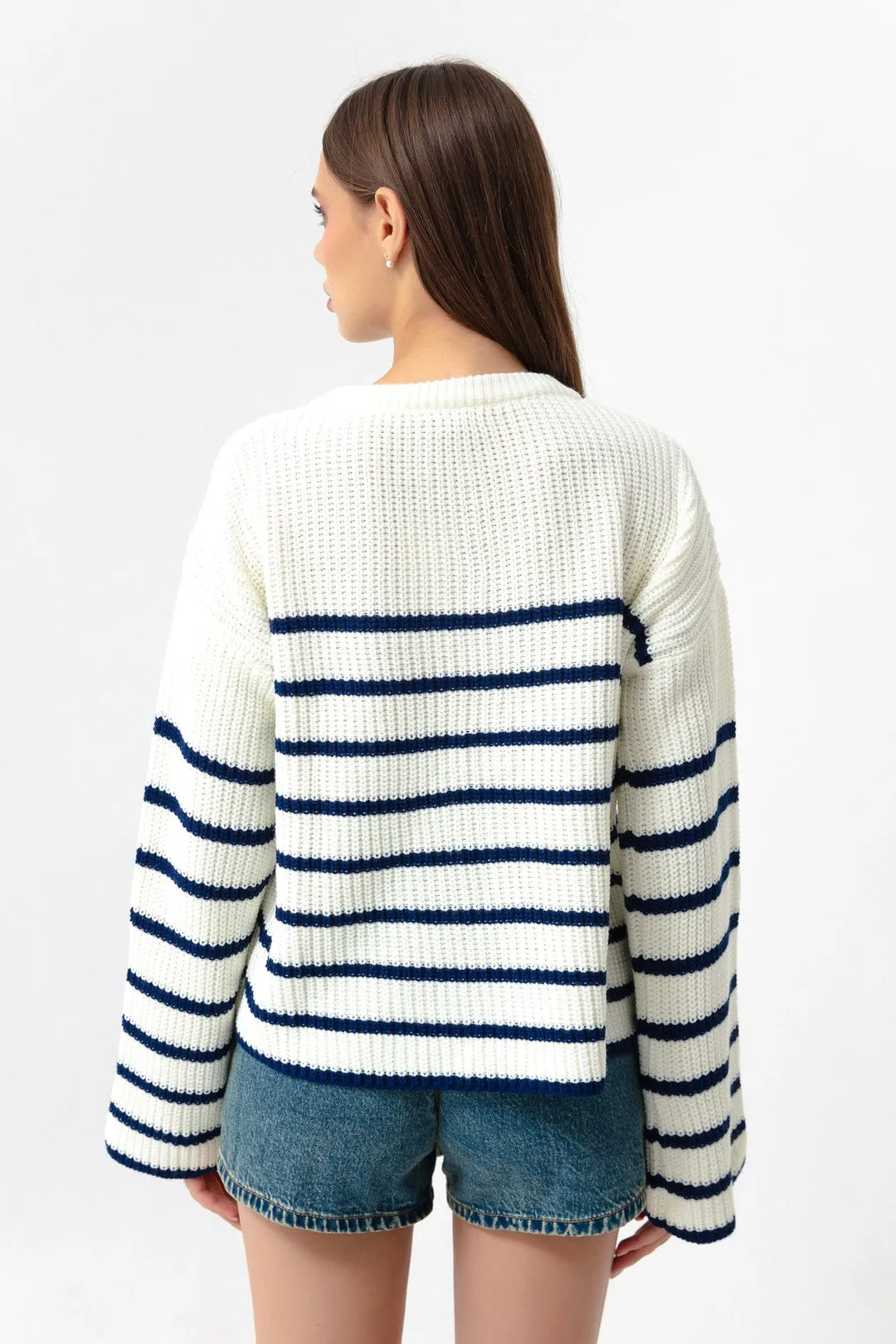 Female Striped Gold Button Detailed Knitwear Sweater