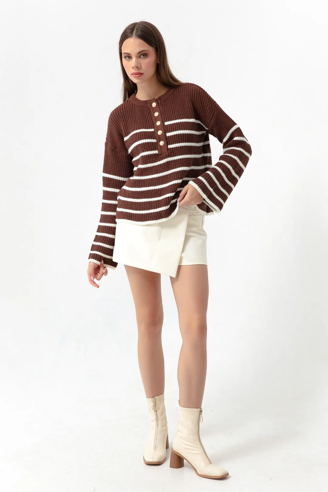 Female Striped Gold Button Detailed Knitwear Sweater