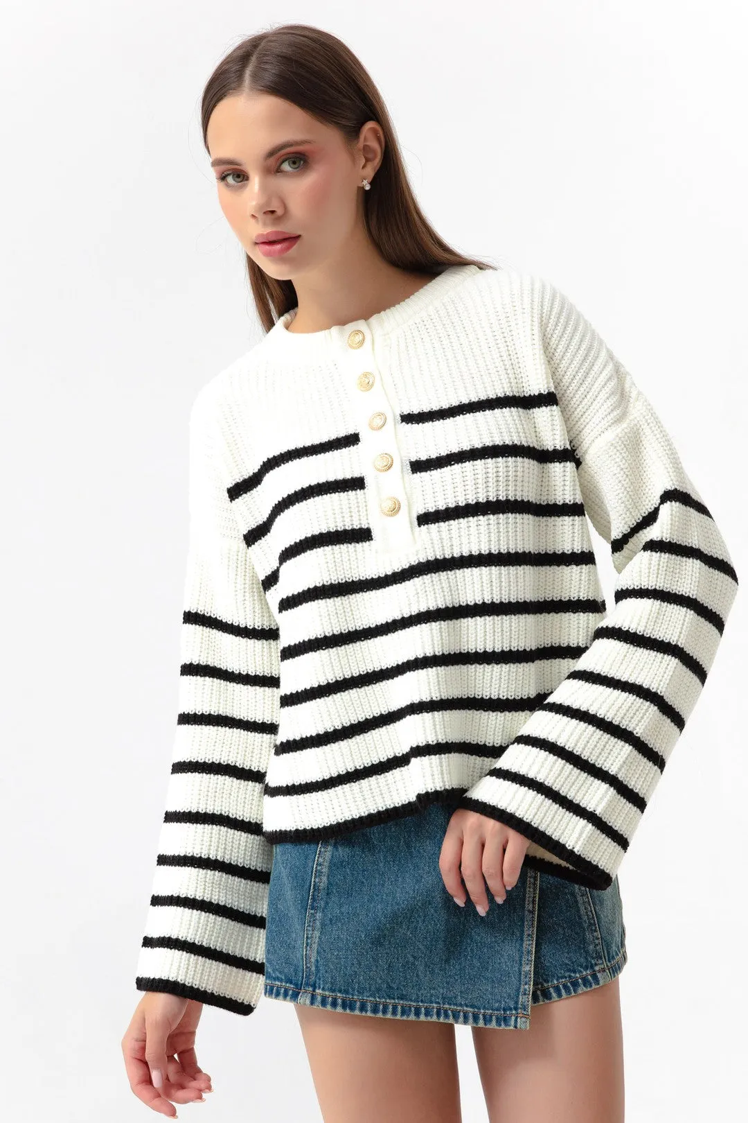Female Striped Gold Button Detailed Knitwear Sweater
