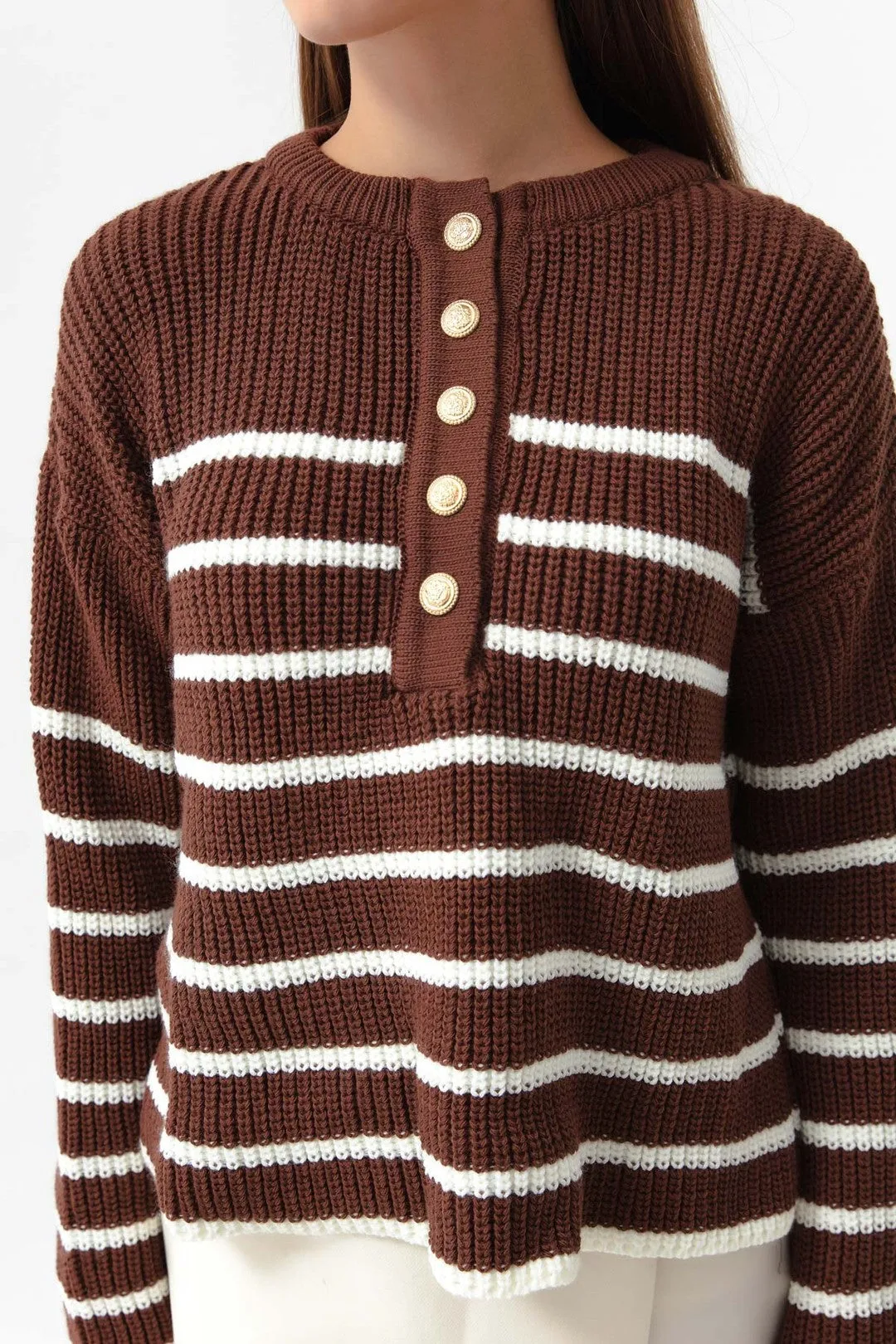 Female Striped Gold Button Detailed Knitwear Sweater