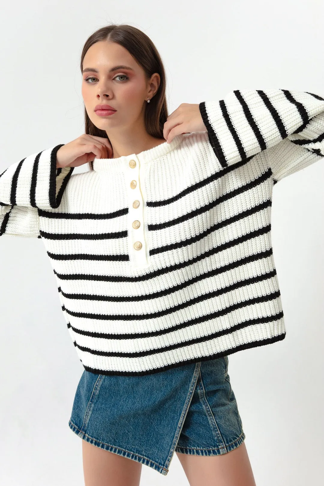 Female Striped Gold Button Detailed Knitwear Sweater