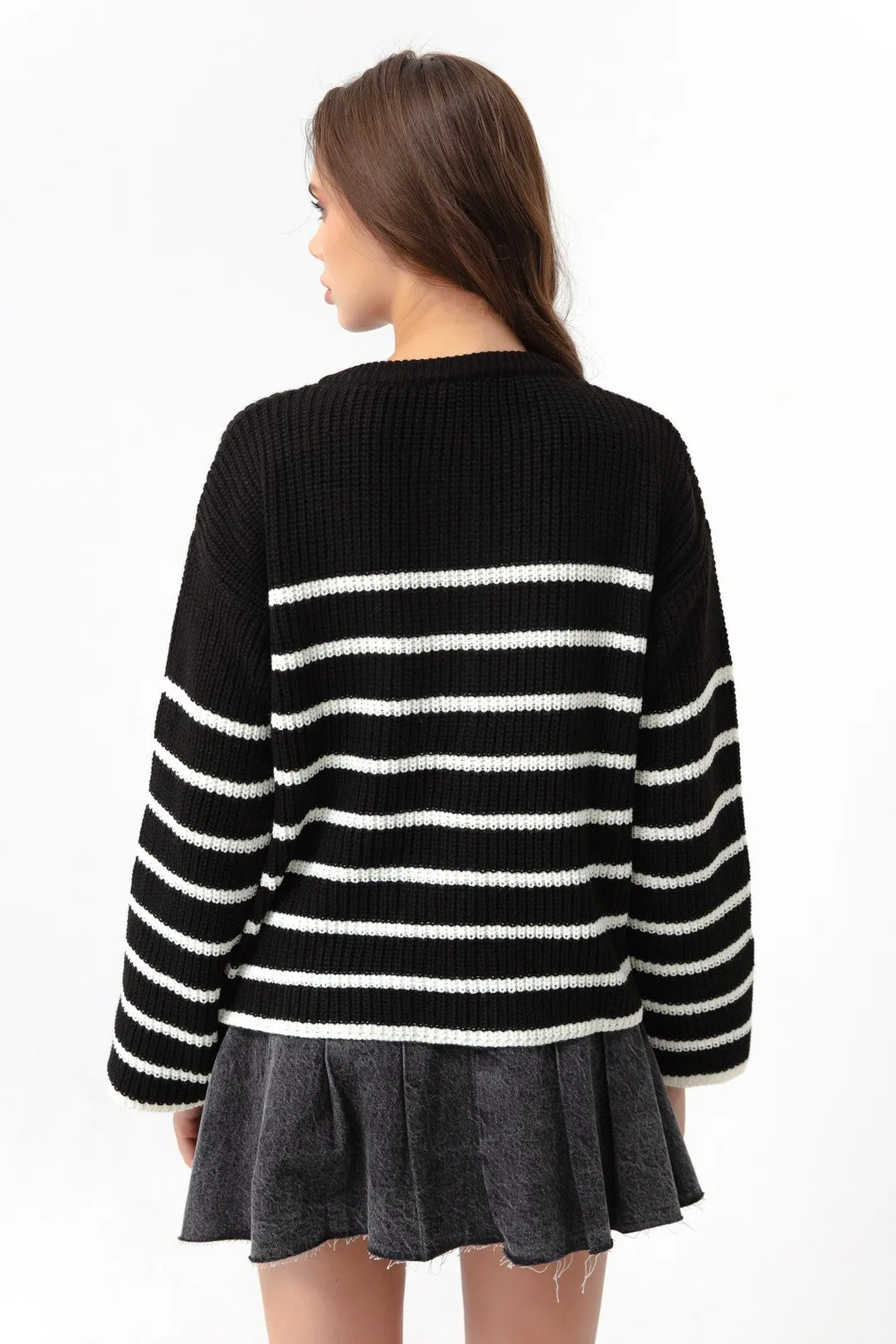 Female Striped Gold Button Detailed Knitwear Sweater