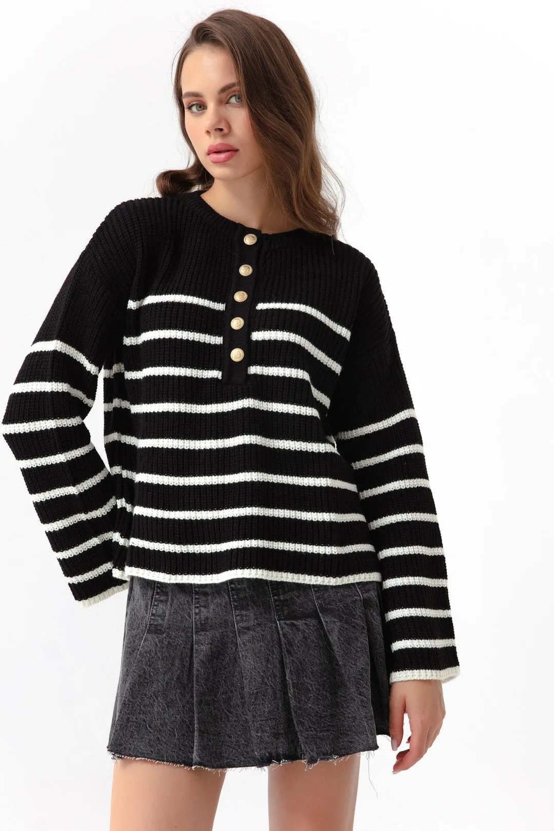 Female Striped Gold Button Detailed Knitwear Sweater