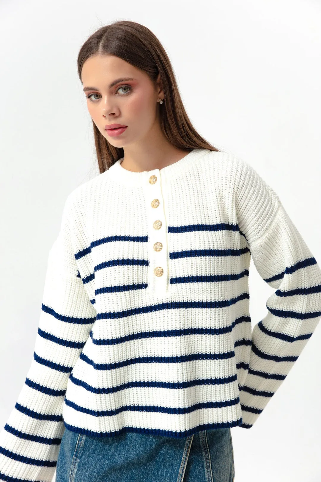 Female Striped Gold Button Detailed Knitwear Sweater