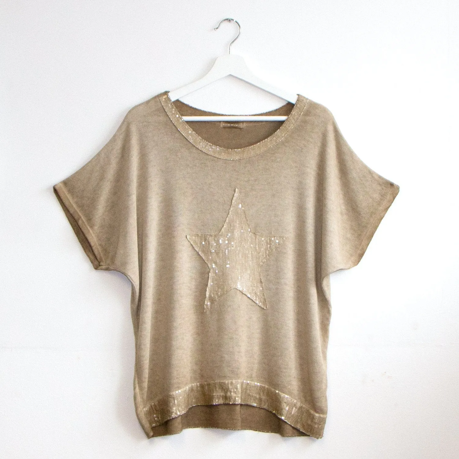 Fine knit sequin star top with silver trim