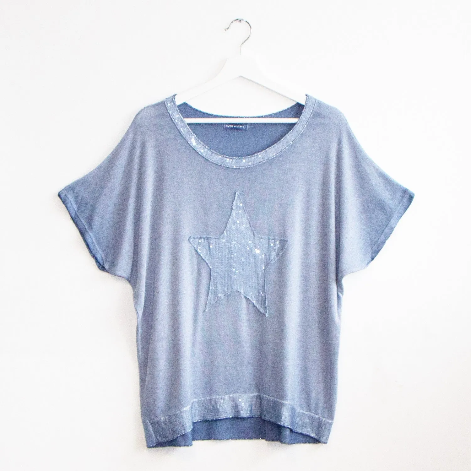 Fine knit sequin star top with silver trim